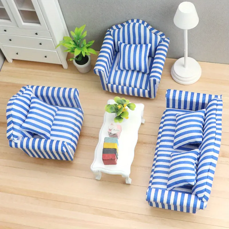 1:12 Dollhouse Miniature Living Room Scene OB11 Red Striped Sofa Set with Throw Pillows Miniature Furniture