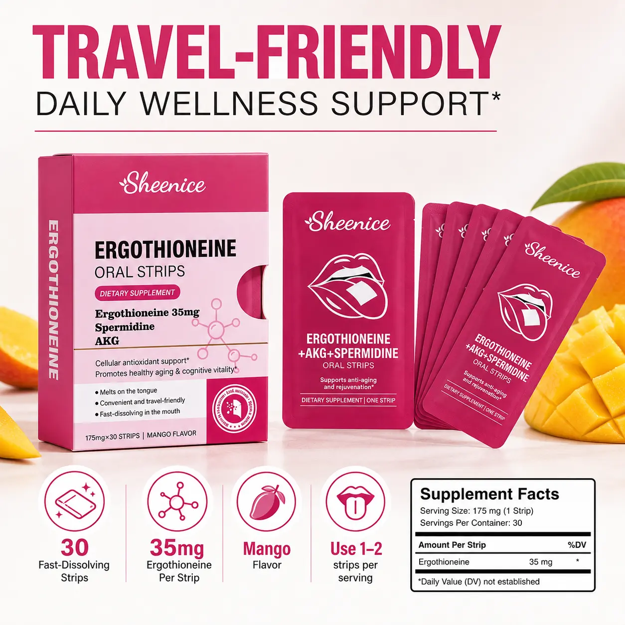 Ergothioneine Quick Melt Oral Strips | Antioxidant & Cellular Health Support Supplement | 35mg Ergothioneine + Spermidine + AKG | Vegan, Sugar-Free, Mango Flavor | 30 Strips