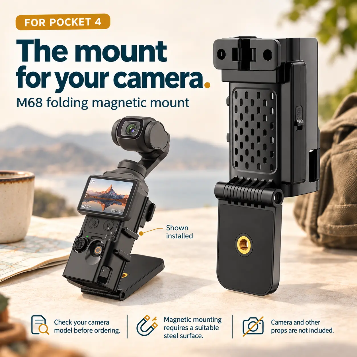 Magnetic Foldable Compact Adjustable Camera Mount Stand for Pocket 4pro/4/3 & Xtra Muse, M68 Metal ABS 180° Swivel Shooting Base, Wraparound Protective Holder, 1/4-in Thread for Vlogging & Product Shots (Action Camera Accessories for Content Creators)