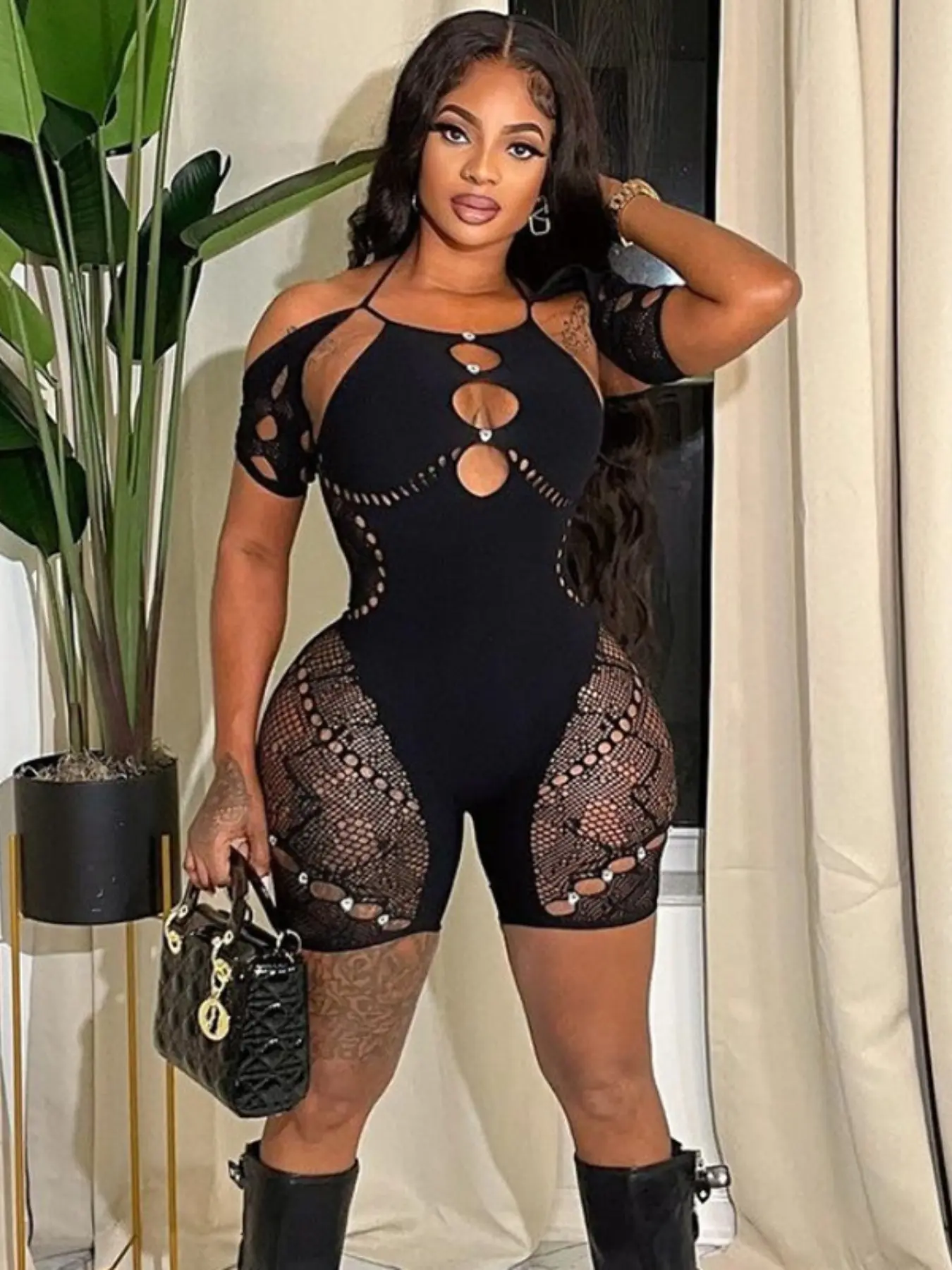 Women's Halter Chest Cutout Sheer Mesh Romper, Sexy Bodycon Short Jumpsuit with Rhinestones, Womenswear, Perfect for Club Party & Date Night