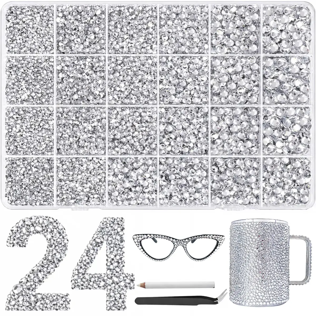 30000Pcs Silver Clear Flatback Resin Rhinestones Kit with Gifted Tools, Nail Art Rhinestones for Diamond Art, Clothing & Craft Decoration