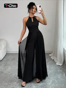 Women's Spring Summer Casual Sleeveless Slim Fit Jumpsuit, Perfect for Daily Wear, Elegant Fashionable Chic Plain Design, Long Regular Length