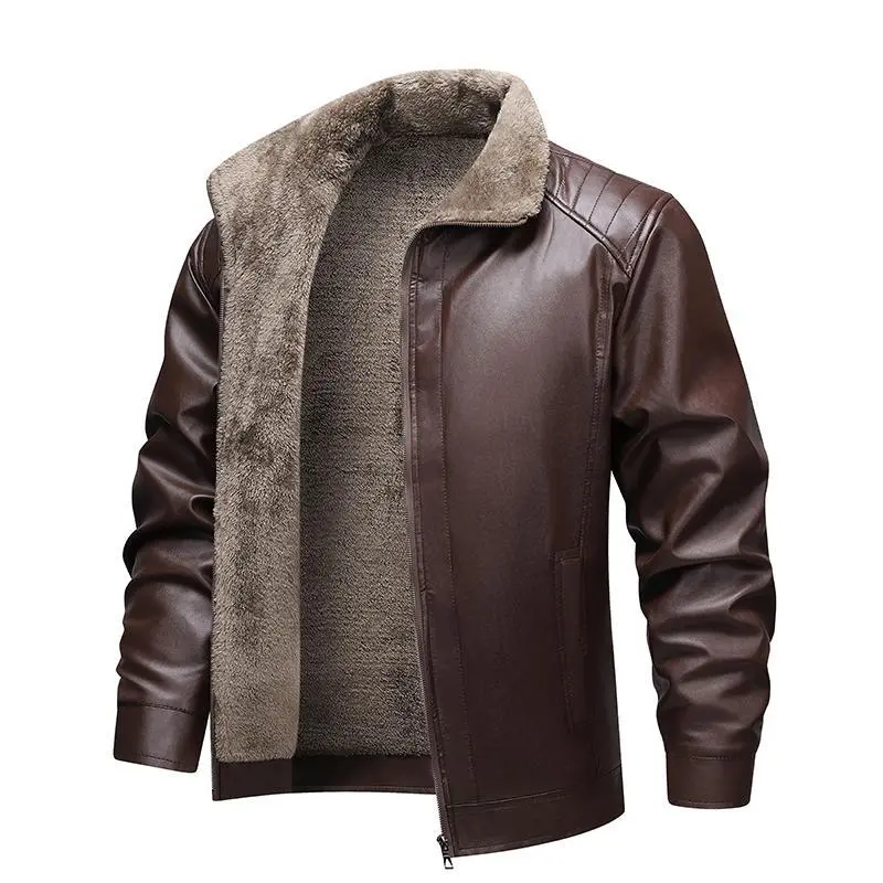 Thickened Flannel Leather Jacket for Men Lightweight Business Casual Square Collar Fashionable Versatile Coats Beige Plain Black Menswear Tops,Gift
