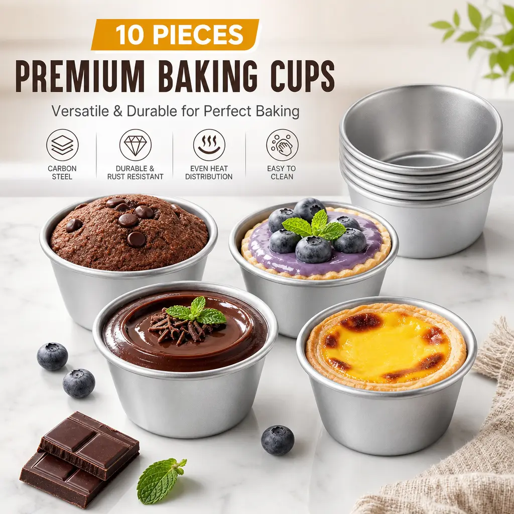 10pcs Carbon Steel Nonstick Single Serve Flan Molds - Quick Release Compact Weekly Meal Prep Tins for Egg Tart, Pudding, Muffin Cupcake Tins & Moulds, Oven, Air Fryer, Freezer Safe