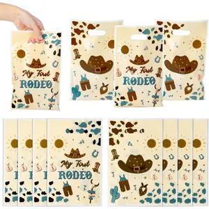 K1tpde 50PCS Cowboy Party Favor Bags for Kids Western Theme Candy Bag Bulk with Handles Blue Cowboy 1st Plastic Gift Oranizer for Boys My First Redeo Western Baby Shower Party Supplies