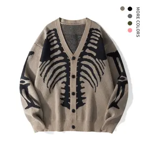 Men's Skeleton Print Drop Shoulder Open Front Cardigan Long Sleeve Comfortable Warm Loose Casual Halloween Fall & Winter Daily Wear Classic Knitwear Tops Outdoor Soft Vneck Knitted Pullover  FallFreshness
