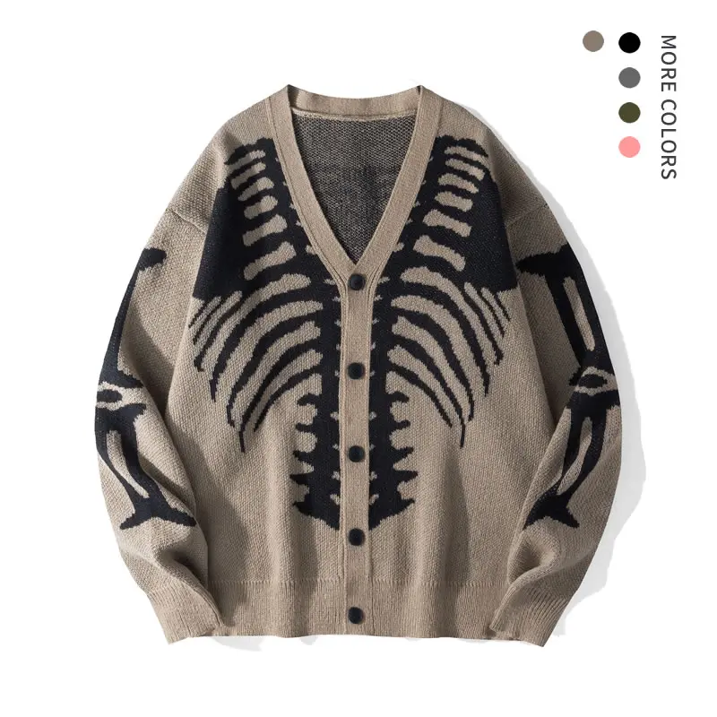 Men's Skeleton Print Knit Cardigan, Casual Loose Fit V-Neck Top with Long Sleeves and Drop Shoulders for Halloween, Tops, Menswear, Knitwear, Festive