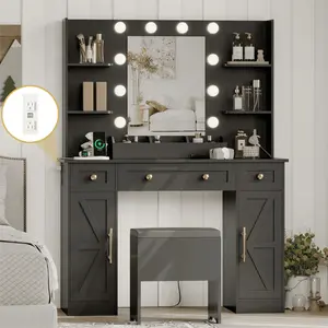 Vanity Makeup Desk With Mirror And Lights, Farmhouse Vanity Table Set With Storage Drawers, Charging Station & Chair, 42" Large Rustic Dressing Table, 3 Lighting Modes For Women Girls Bedroom