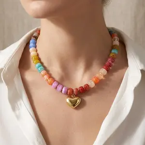 Chunky Heart Necklace for Women, Colorful Acrylic Beaded Statement Puff Heart Necklace, Cute Boho Y2K Choker Necklace for Gift Jewelry