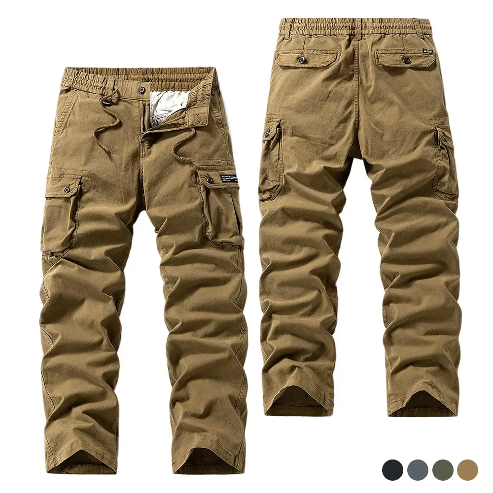 American-style heavyweight pure cotton multi-pocket tactical cargo pants, khaki color, elastic drawstring waist, outdoor wear-resistant straight-leg casual long pants