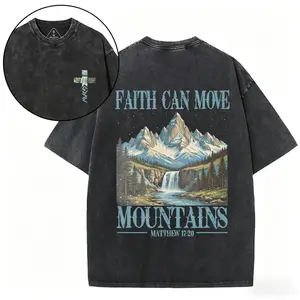 Men's Vintage Washed Distressed Double-Sided "Faith Can Move Mountains" Christian Heavyweight Cotton Oversized Round Neck Shortsleeve Tshirt - Menswear, Casual T-Shirts, Mountain Waterfall Cross Unisex Streetwear Top
