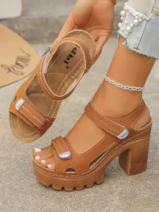Women's Thick Sole Chunky Heel Sandals, Summer New PU Leather Waterproof Platform High Heels, One Strap Buckle Design