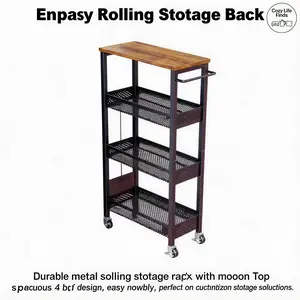 Utility Slim Storage Cart, 4 Tier Small Rolling Kitchen Laundry Room Cart with Wood Top, Metal Narrow Bathroom Storage Cabinet Mobile Shelf Unit Organizer Trolley with Handle for Narrow Space Multi-Tier