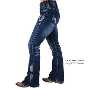 Feather Embroidery Split Hem Mid Waist Bootcut Jeans Fit Denim Pants Blue