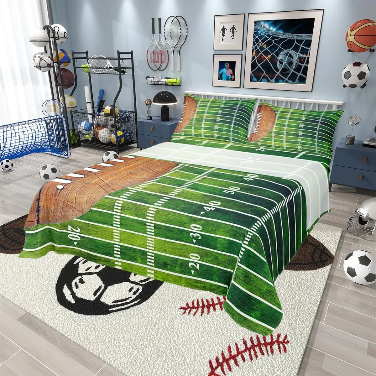 American Football Bed Sheets Set for Boys Bedroom Decor,Sports Games Fitted Sheet American Football Field Illustration Bedding Set (1 Fitted Sheet+1 Flat Sheet+ Pillowcase),Green Brown
