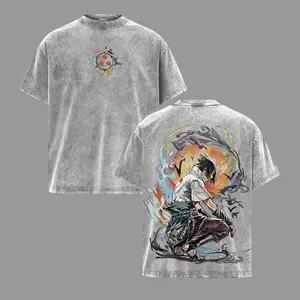 Sasuke Uchiha Vintage Washed Oversized Tee | Eternal Mangekyo Sharingan Graphic Shirt | Fire & Shadow Anime Streetwear | Naruto Inspired Design | Gift for Anime & Manga Fans