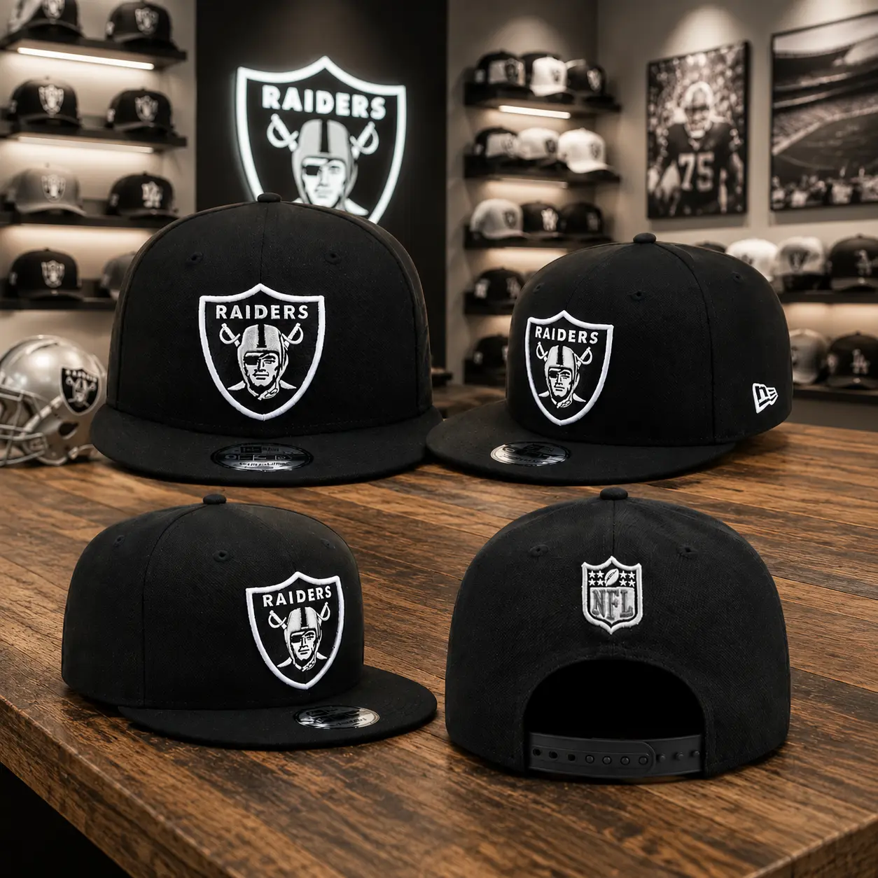 Las Vegas Raiders Hat New Era – Black NFL Snapback Cap, Flat Brim Adjustable Football Hat, Unisex Sports Fan Gift