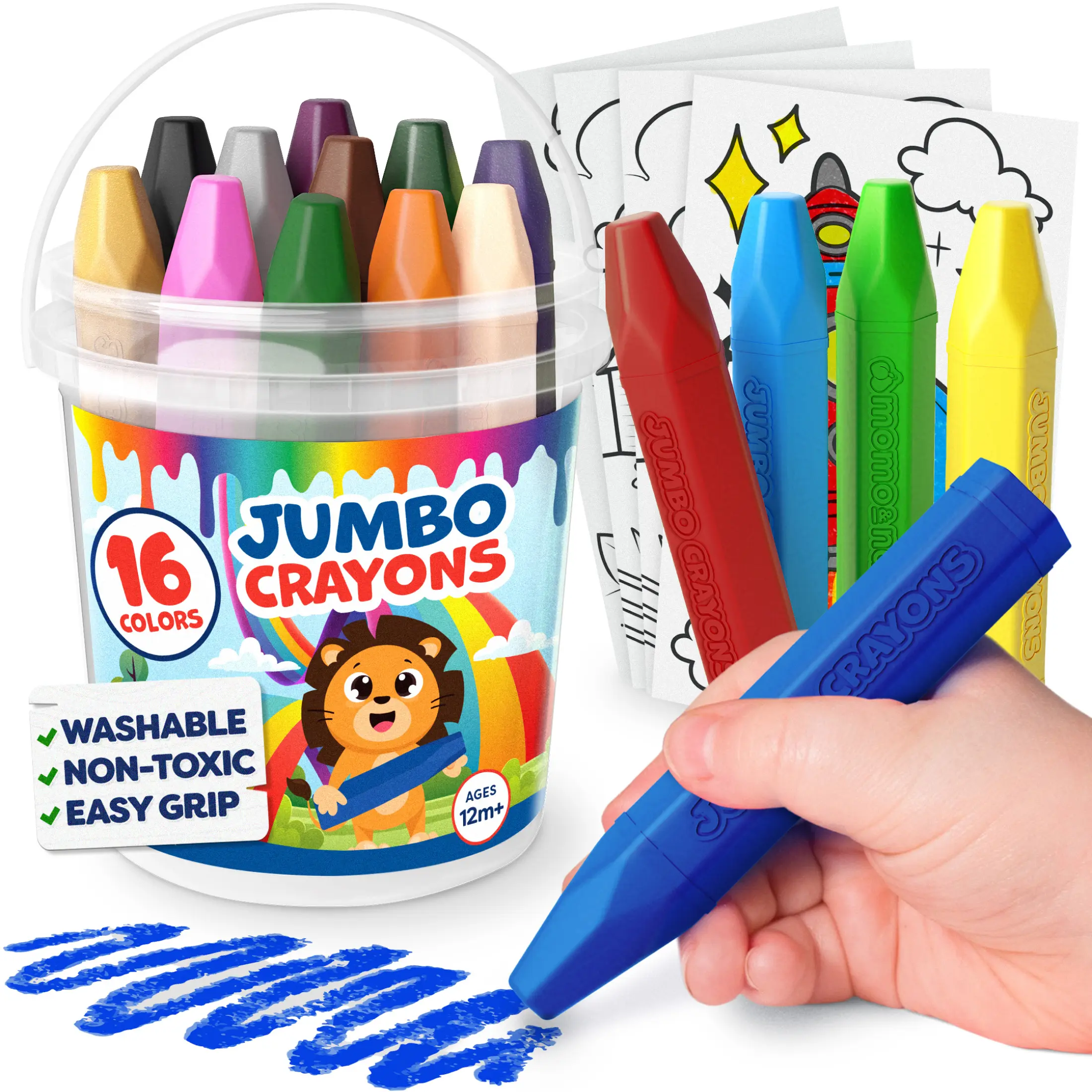 Jumbo Crayons For Toddlers 1-3 - 16pc Toddler Crayons For Kids - With Printed & PDF Crayon Color Sheets - Non Toxic, Washable, Large & Easy To Grip - Toddler Coloring Art Supplies