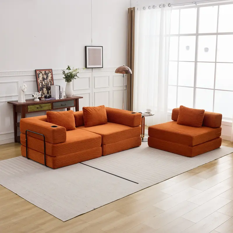QAK 118" Modular Floor Sofa Bed with Two Cup Holders High-Quality Corduroy Fabric Free Combination Design Premium Sponge Padding Multifunctional for Small Spaces Living Room Mattress