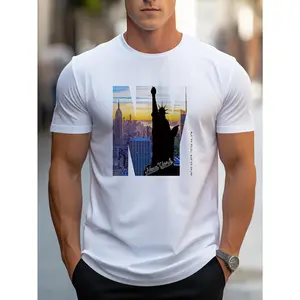 Men's Summer Crew Neck T-Shirt - NY City Skyline Print, Alphabet Slogan, Soft Polyester Knit, Slight Stretch, Regular Fit