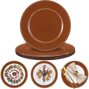 6 Pack Cielito Lindo 13" Round Beaded Plastic Party Charger Plates Elegant Reliable Reusable for Mexican Birthday Wedding Party Decoration(Brown)