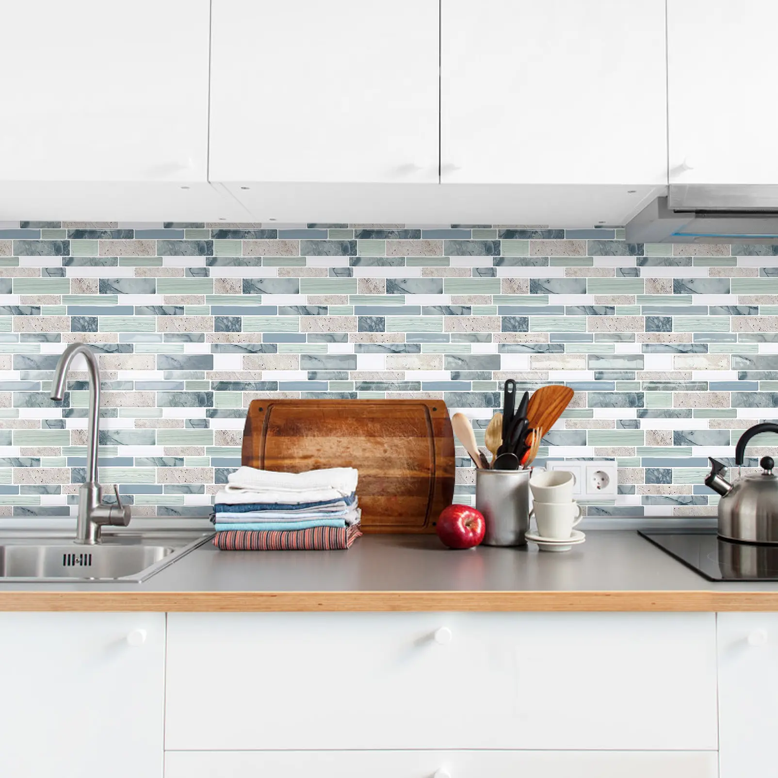 MOONFUN 10-Sheet Multi-Toned Terrazzo Subway Mosaic Peel-and-Stick Backsplash Tile, 12x12in Thick-Upgrade Self-Adhesive Vinyl Wall Tile, Waterproof Oil-Resistant Removable Renter-Friendly DIY Sticker for Kitchen, Bathroom Decorative barndominium homes