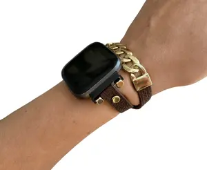 Gold Chain Bracelet Brown Leather Fitbit Watch Band for Fitbit Versa