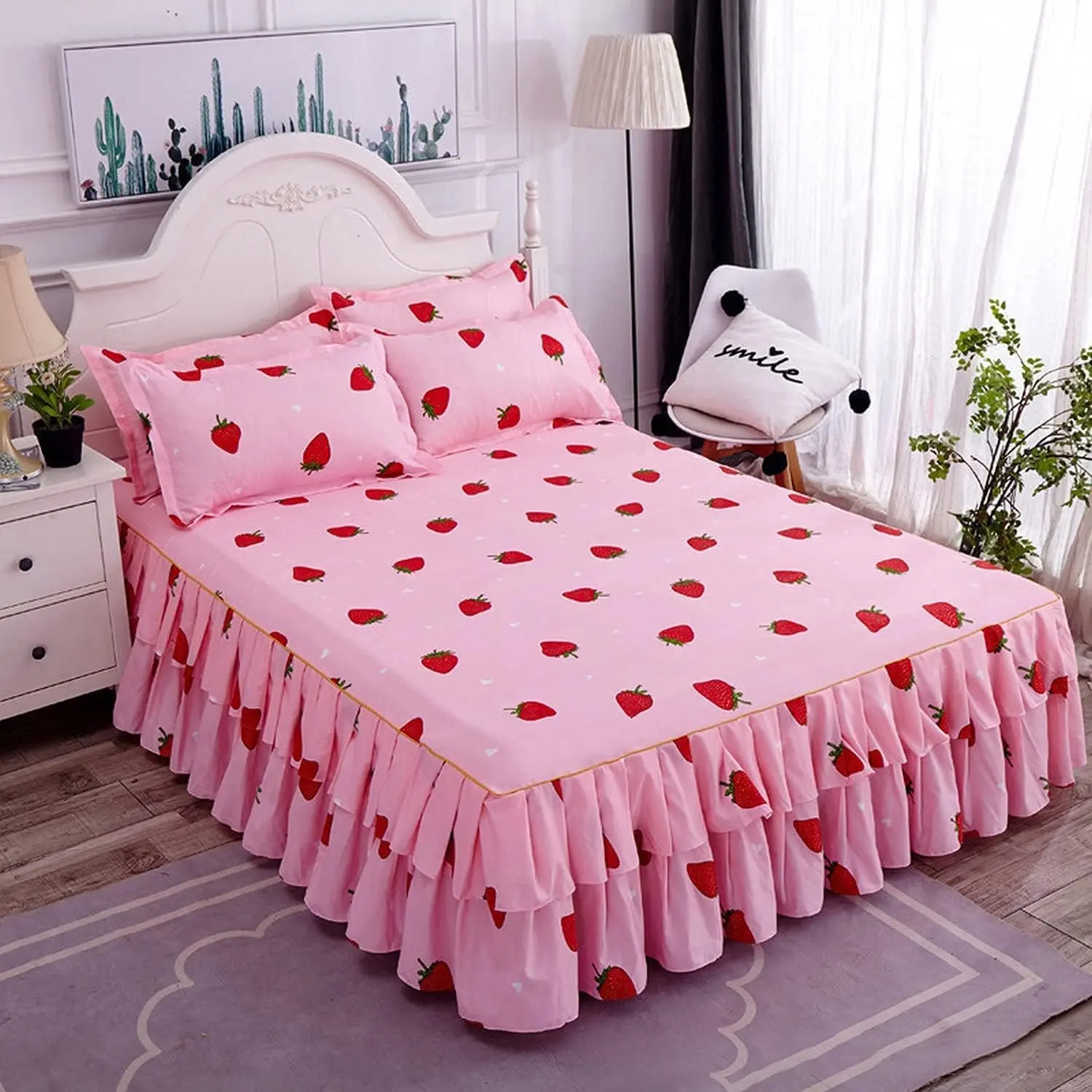 Feelyou Kawaii Strawberry Character Microfiber Bed Sheet Set - Cute Linens, Bright Deep-Pocket Fitted Covers, Easy-Care, Machine-Washable Twin/Queen Home Decor Bedding