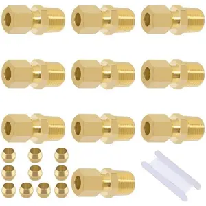 Brass Compression Tube Fitting, Straight Coupling Adapter, 10 count 1/4" OD x 1/4" NPT Male Union Connector 1/4" OD Compression x 1/4" NPT Male & 10 count Compression Sleeves Ferrules
