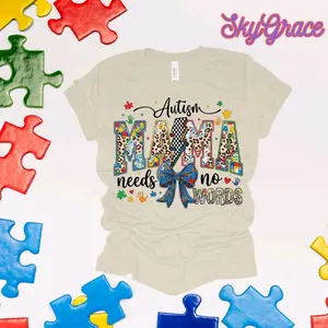 SkyGrace Autism Mama Needs No Words T-Shirt for Women with Colorful Puzzle Design and Leopard Print