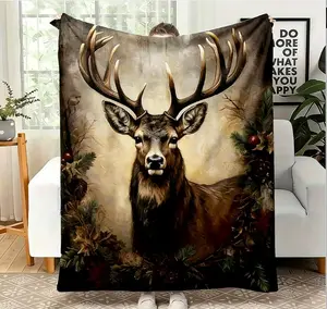 1pc Personalized Deer Theme Flannel Blankets Digital Print Soft Warm All Season Blanket Christmas Birthday Gift