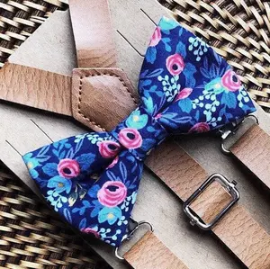 Navy & Pink Rose Bow Tie & Tan Vegan Leather Suspenders Set