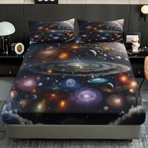 3pcs Fitted Sheet Set with Colorful Galaxy-Themed Patterns of Stars in The Vast Universe, High-Definition Digital Printing with Deep Pockets, Breathable Fabric, Bed Sheets Set