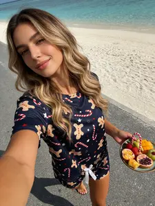 Christmas Gingerbread Man Candy Cane Print Short Sleeve Shorts Pajama Set, Bow Tie Design, Holiday Sweet Home Sleepwear