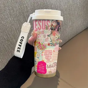 Jesus Prayer Coffee Cup, 530ML Insulated Travel Mug with Straw and Lid, Leak-Proof Handle, Suitable for Hot/cold Drinks, Perfect Gift