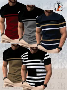 5-piece fashionable color-block digital-printed men's T-shirts, with striped patterns, for a stylish and casual look.