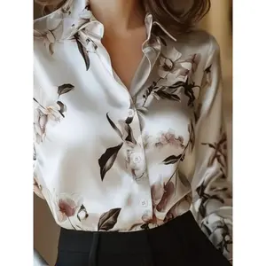 Elegant Satin Floral Print Women’s Shirt, Soft Smooth V-Neck Long Sleeve Button-Front Formal Top, Spring/Summer/Fall Fashion