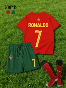 Men's Casual Patterned T-Shirt & Drawstring Waist Shorts Set, Short Sleeve Portugal Team Jersey Style, Ronaldo 7 Print