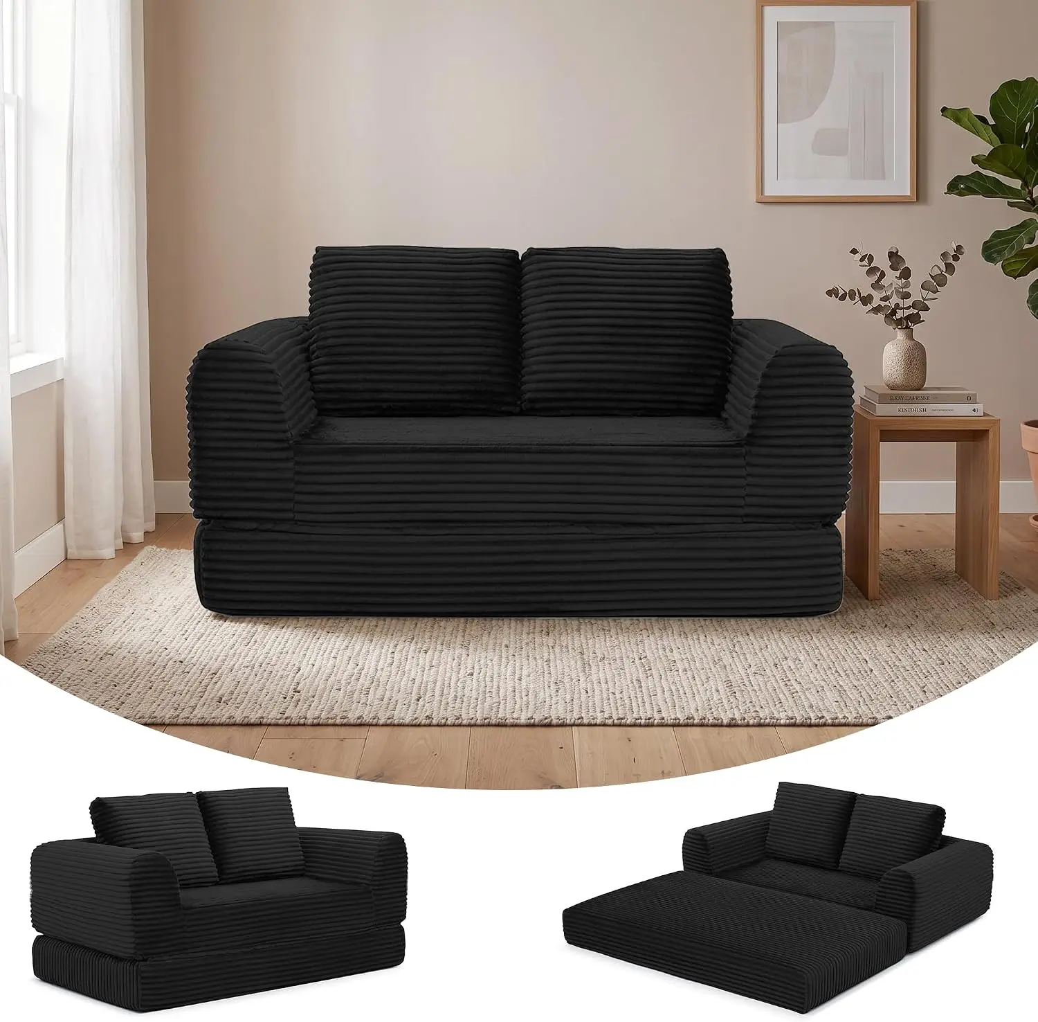 2-in-1 Convertible Sofa Bed,  Corduroy Boneless Loveseat Futon Sleeper Couch with 2 Pillows, No Assembly, for Small Spaces,Black