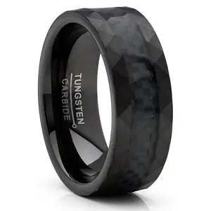 Men's Tungsten Carbide Ring Carbon Fiber Inlay Hammered Wedding Band Black 8MM