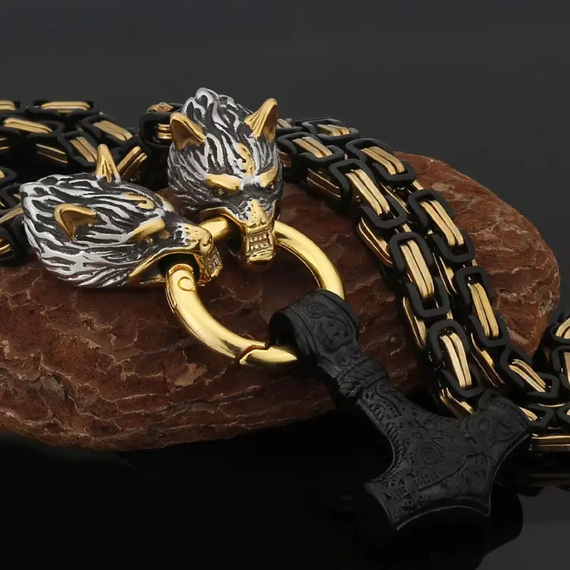 Golden wolf head+black pendant