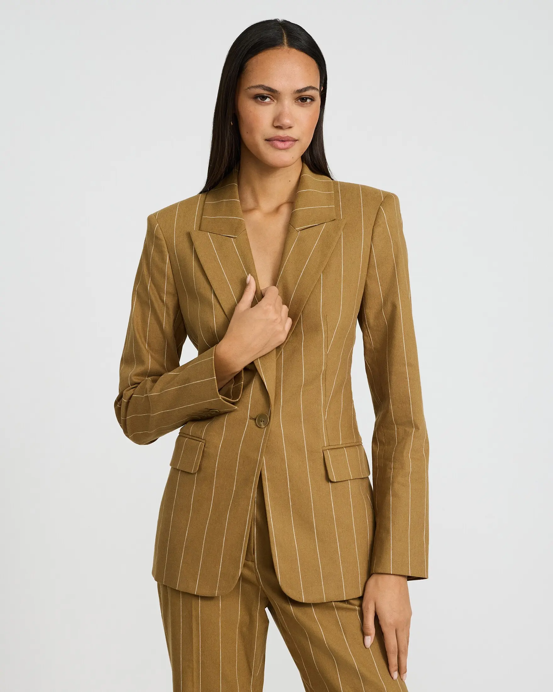 Express Linen-Blend Striped Long Slim Blazer, Fitted, Elegant, Chic, Office Work Clothes
