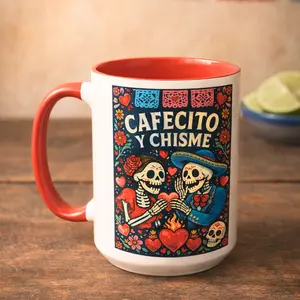Cafecito y Chisme Mug 15oz – Ceramic Cute Mexican Coffee Cup Gift for Women, Valentines Day Heart Mug, Mexican Kitchen Decor Drinkware, Valentines Day Gift for Girlfriend, Microwave Safe & Dishwasher Safe