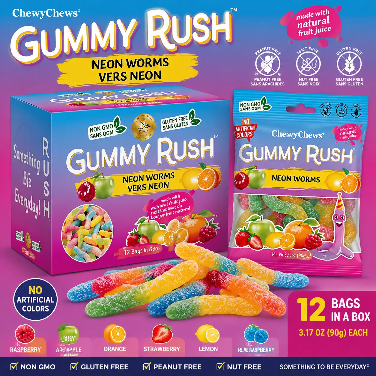 INFIN8 Gummy Rush Assorted Neon Worms Gummy Candy 3.17 oz 12 Count Fruity Chewy Gummy Snacks