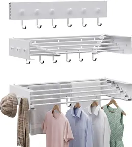 Collapsible Wall Mounted Laundry Drying Rack, 31.5 Inch Heavy Duty Metal Retractable Foldable Clothes Drying Rack with 12 Hooks for Indoor Laundry Drying, Ideal for Towel & Coat Hanging