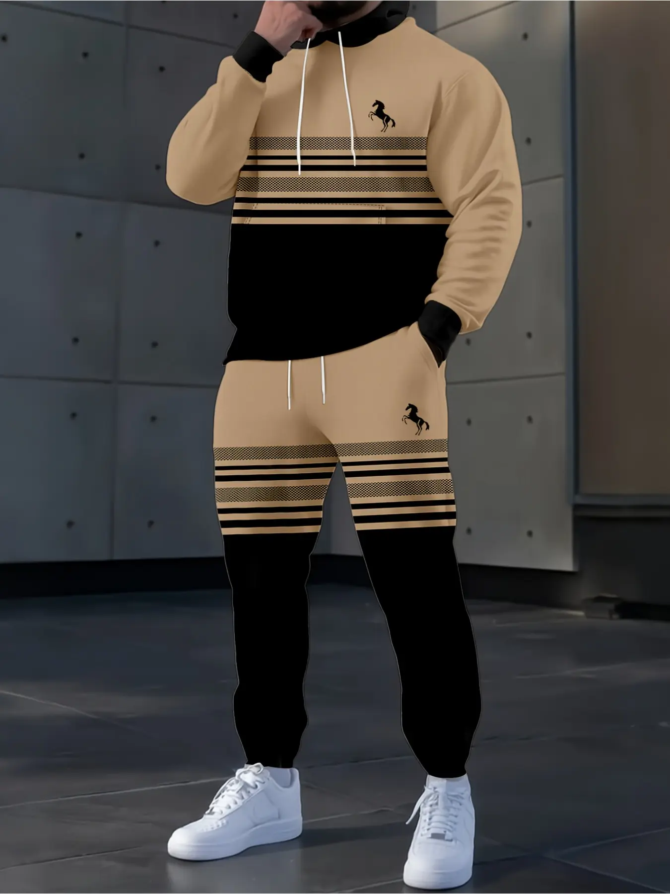 Khaki contrasting color hooded sports suit, top + pants two-piece set, Athleisure Style, Fitness Sportswear Set