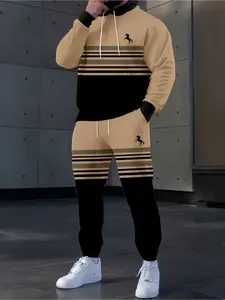 Khaki contrasting color hooded sports suit, top + pants two-piece set, Athleisure Style, Fitness Sportswear Set