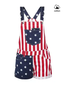 Women's Summer Denim Woven Overall Shorts, Casual Loose Striped Multi-Pocket Design, American Flag Element Rolled Hem, Neutral Style Couple