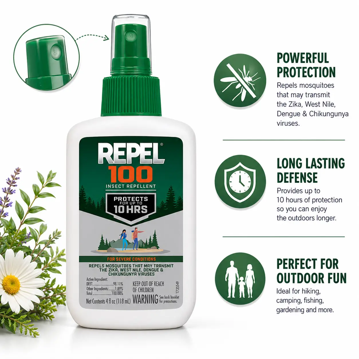 Repel 100 DEET Mosquito Repellent Spray, 4 oz, 10-Hour Long-Lasting Protection Against Ticks, Gnats, Biting Flies, Chiggers, Fleas - Home Pest Control Supply