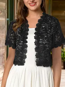 Women's Elegant Short Sleeve Lace Jacket, Perfect for Parties, Stylish Ladies' Outerwear, Comfortable and Chic Design, Womenswear
